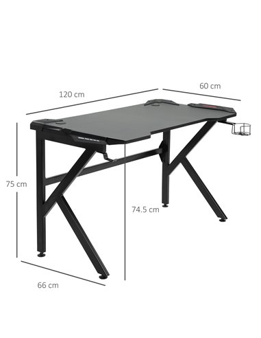 HOMCOM Gaming desk with Cup Holder Headphone Hook Feet Adjustable 120 x 66 x 75cm Black 836-228