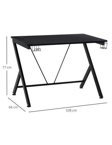 HOMCOM Gaming Desk Computer Table Metal Frame with Cup Holder, Headphone Hook, Cable Hole, Black 836-305