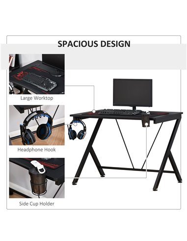 HOMCOM Gaming Desk Computer Table Metal Frame with Cup Holder, Headphone Hook, Cable Hole, Black 836-305