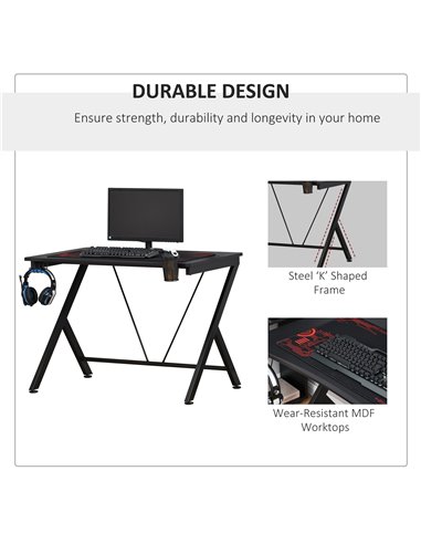 HOMCOM Gaming Desk Computer Table Metal Frame with Cup Holder, Headphone Hook, Cable Hole, Black 836-305