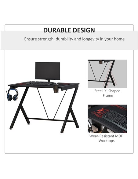 HOMCOM Gaming Desk Computer Table Metal Frame with Cup Holder, Headphone Hook, Cable Hole, Black 836-305 - pic 34163 | FastDaddyshop