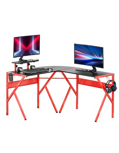 HOMCOM Gaming Desk L-Shaped Corner Computer Table for Home Office PC Workstations with Adjustable Monitor Stand , Red 836-332RD