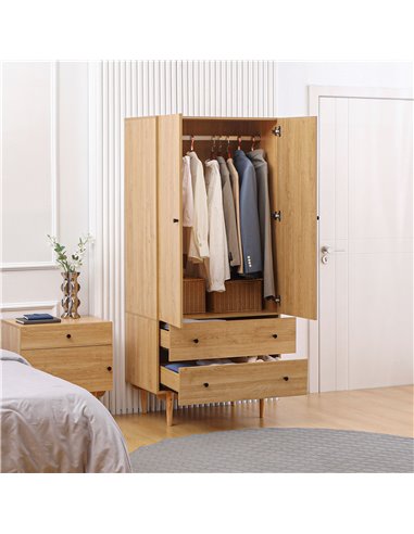 HOMCOM Wardrobe with 2 Doors, 2 Drawers, 80x52x180cm, Natural Tone 831-605V00LR