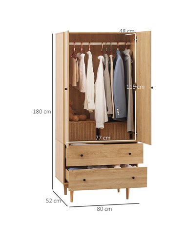 HOMCOM Wardrobe with 2 Doors, 2 Drawers, 80x52x180cm, Natural Tone 831-605V00LR