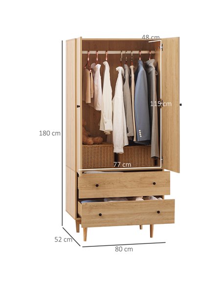 HOMCOM Wardrobe with 2 Doors, 2 Drawers, 80x52x180cm, Natural Tone 831-605V00LR - pic 34205 | FastDaddyshop