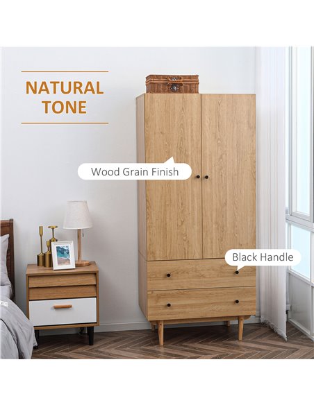 HOMCOM Wardrobe with 2 Doors, 2 Drawers, Hanging Rail for Bedroom Clothes Storage Organiser, 80x52x180cm, Natural Tone 831-605V0 - pic 34206 | FastDaddyshop