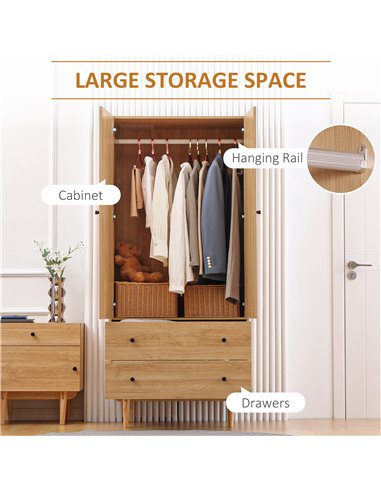 HOMCOM Wardrobe with 2 Doors, 2 Drawers, Hanging Rail for Bedroom Clothes Storage Organiser, 80x52x180cm, Natural Tone 831-605V0