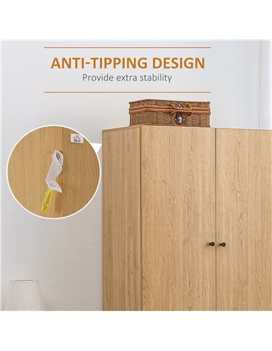 HOMCOM Wardrobe with 2 Doors, 2 Drawers, Hanging Rail for Bedroom Clothes Storage Organiser, 80x52x180cm, Natural Tone 831-605V0