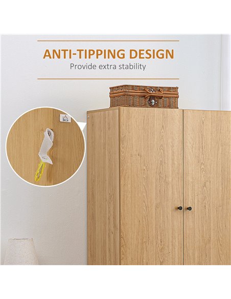 HOMCOM Wardrobe with 2 Doors, 2 Drawers, Hanging Rail for Bedroom Clothes Storage Organiser, 80x52x180cm, Natural Tone 831-605V0 - pic 34208 | FastDaddyshop