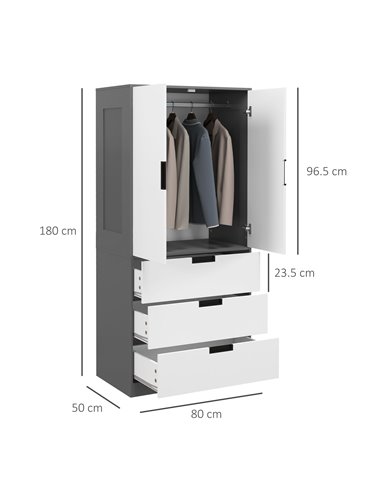 HOMCOM 2 Door Wardrobe with 3 Drawers and Hanging Rod, Grey 831-621V00MX