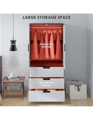 HOMCOM 2 Door Wardrobe, Modern Wardrobe with 3 Drawers and Hanging Rod for Bedroom, Grey 831-621V00MX