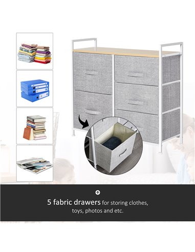 HOMCOM 5 Drawer Linen Storage Chest Home Organisation w/ Shelf Handles Metal Frame Adjustable Feet Hallway Home Dresser Grey 850