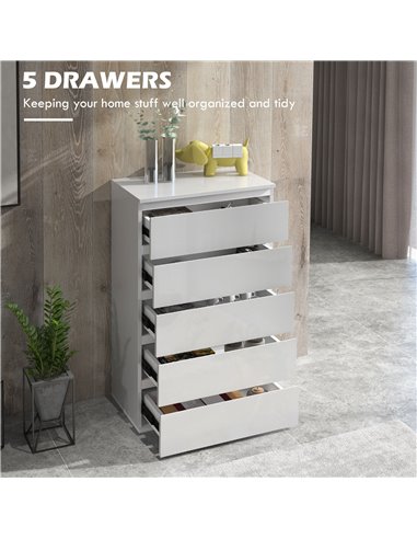 HOMCOM 5-Drawer High Gloss Chest of Drawers, Storage Cabinets, Modern Dresser, Storage Drawer Unit for Bedroom, White 831-337V04
