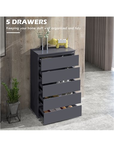 HOMCOM High Gloss Chest of Drawers, 5-Drawer Storage Cabinets, Modern Dresser, Storage Drawer Unit for Bedroom 831-337V04GY