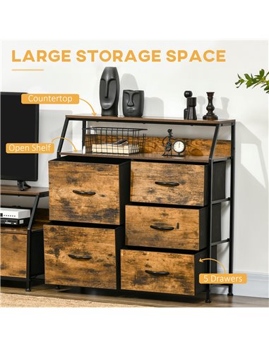 HOMCOM Bedroom Chest of Drawers, Industrial 5 Fabric Drawer Dresser with Open Shelf for Living Room, Rustic Brown 838-298V00RB