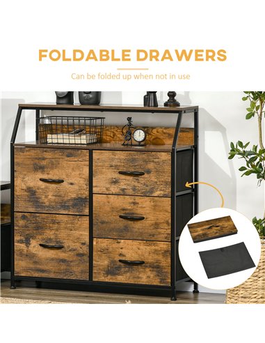 HOMCOM Bedroom Chest of Drawers, Industrial 5 Fabric Drawer Dresser with Open Shelf for Living Room, Rustic Brown 838-298V00RB
