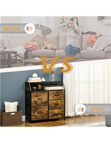 HOMCOM Bedroom Chest of Drawers, Industrial 5 Fabric Drawer Dresser with Open Shelf for Living Room, Rustic Brown 838-298V00RB
