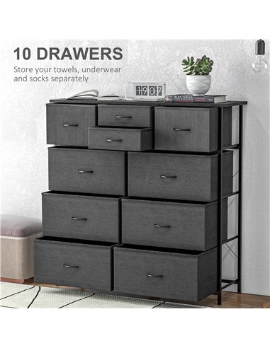 HOMCOM Bedroom Chest of Drawers, 10 Drawer Dresser with Foldable Fabric Drawers and Steel Frame, Black 831-725V00BK