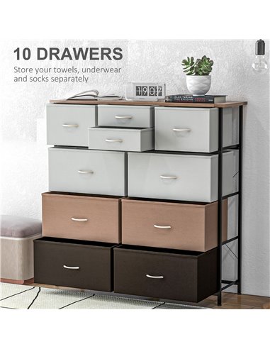 HOMCOM Bedroom Chest of Drawers, 10 Drawer Dresser with Foldable Fabric Drawers and Steel Frame, Multicolour 831-725V00MX