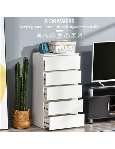 HOMCOM Chest of Drawer, 5 Drawers Storage Cabinet Freestanding Tower Unit Bedroom Living Room Furniture, White 831-337V01