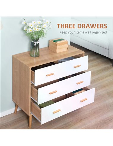 HOMCOM Chest of Drawers with 3 Drawers, Bedroom Cabinet, Storage Organizer for Living Room, White and Natural 831-472