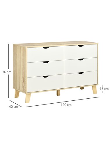 HOMCOM Wide Chest of Drawers, 6-Drawer Storage Organiser Unit, White and Light Brown 831-595V00LR