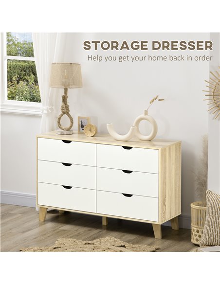 HOMCOM Wide Chest of Drawers, 6-Drawer Storage Organiser Unit with Wood Legs for Bedroom, Living Room, White and Light Brown 831 - pic 34413 | FastDaddyshop