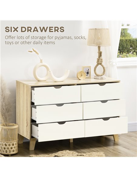 HOMCOM Wide Chest of Drawers, 6-Drawer Storage Organiser Unit with Wood Legs for Bedroom, Living Room, White and Light Brown 831 - pic 34414 | FastDaddyshop