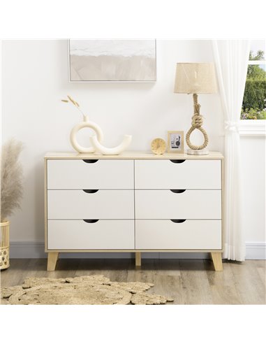 HOMCOM Wide Chest of Drawers, 6-Drawer Storage Organiser Unit with Wood Legs for Bedroom, Living Room, White and Light Brown 831