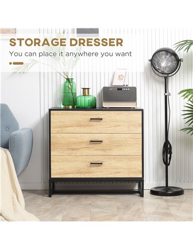 HOMCOM Drawer Chest, 3-Drawer Storage Cabinet Organiser with Steel Frame for Bedroom, Living Room, 80cmx35cmx75cm, Natural 831-6
