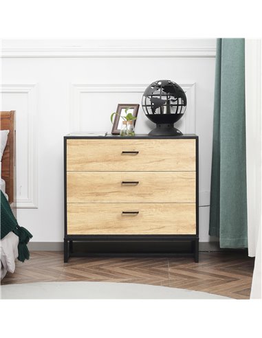 HOMCOM Drawer Chest, 3-Drawer Storage Cabinet Organiser with Steel Frame for Bedroom, Living Room, 80cmx35cmx75cm, Natural 831-6