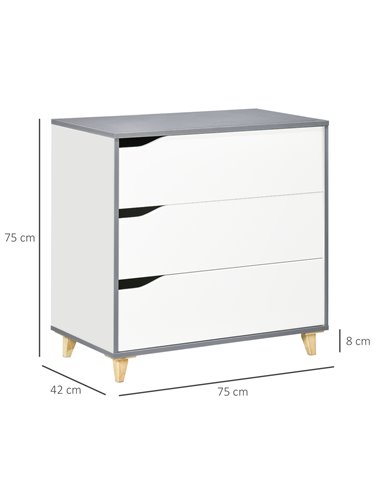 HOMCOM Drawer Chest, 3-Drawer Storage Cabinet Unit with Pine Wood Legs for Bedroom, Living Room, 75cmx42cmx75cm, White 831-526GY
