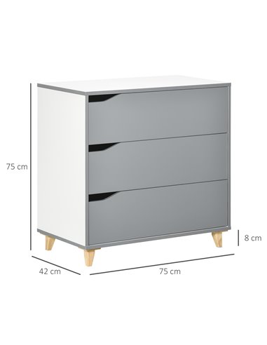 HOMCOM Drawer Chest, 3-Drawer Storage Cabinet Unit with Pine Wood Legs for Bedroom, Living Room, 75cmx42cmx75cm, Grey 831-526WT