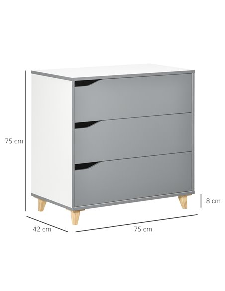 HOMCOM Drawer Chest, 3-Drawer Storage Cabinet Unit with Pine Wood Legs for Bedroom, Living Room, 75cmx42cmx75cm, Grey 831-526WT - pic 34475 | FastDaddyshop