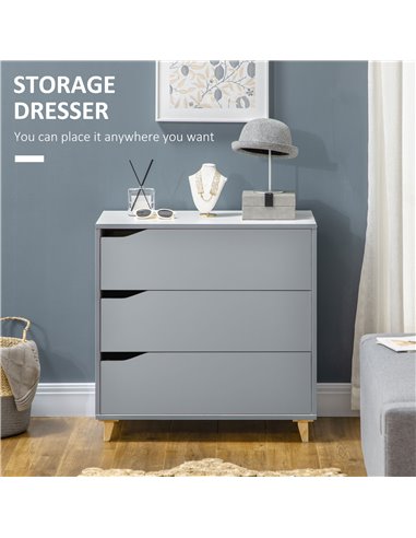 HOMCOM Drawer Chest, 3-Drawer Storage Cabinet Unit with Pine Wood Legs for Bedroom, Living Room, 75cmx42cmx75cm, Grey 831-526WT