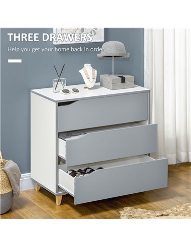 HOMCOM Drawer Chest, 3-Drawer Storage Cabinet Unit with Pine Wood Legs for Bedroom, Living Room, 75cmx42cmx75cm, Grey 831-526WT