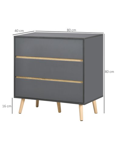 HOMCOM Drawer Chest, 3-Drawer Storage Organiser for Bedroom, Living Room, 80cmx40cmx80cm, Dark Grey 839-673V00CG