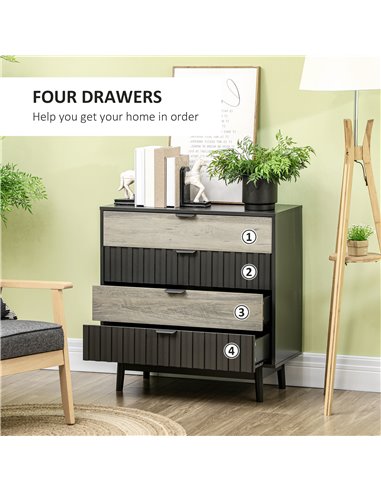 HOMCOM Drawer Chest, 4-Drawer Storage Organiser for Bedroom, Living Room, 80cmx35cmx80cm, Grey and Natural Tone 831-653V80GY