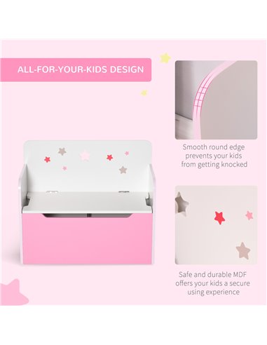 HOMCOM Kids Wooden Toy Storage Chest Chair 2 in 1 Design with Gas Stay Bar Safety Hinges Lid 60 x 30 x 50cm Pink 311-018PK