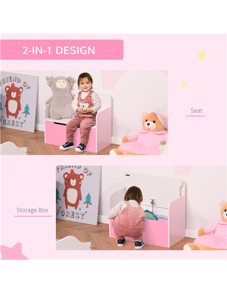 HOMCOM Kids Wooden Toy Storage Chest Chair 2 in 1 Design with Gas Stay Bar Safety Hinges Lid 60 x 30 x 50cm Pink 311-018PK - pic 34568 | FastDaddyshop