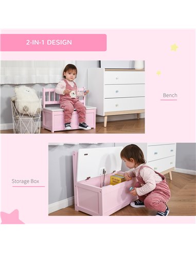 HOMCOM 2-IN-1 Wooden Toy Box Kids Seat Bench Storage Chest Cabinet Organizer with Safety Pneumatic Rod 60 x 30 x 50cm Pink 311-0