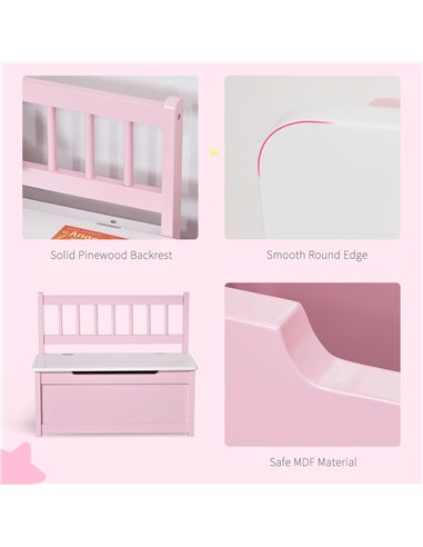 HOMCOM 2-IN-1 Wooden Toy Box Kids Seat Bench Storage Chest Cabinet Organizer with Safety Pneumatic Rod 60 x 30 x 50cm Pink 311-0