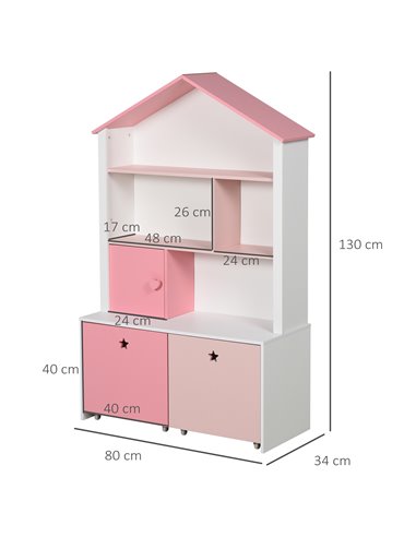 HOMCOM Kids Bookshelf Chest w/ Drawer with Wheels Baby Toy Wood Organizer Display Stand Storage Cabinet 80x34x130cm Pink 311-012