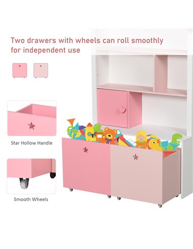 HOMCOM Kids Bookshelf Chest w/ Drawer with Wheels Baby Toy Wood Organizer Display Stand Storage Cabinet 80x34x130cm Pink 311-012