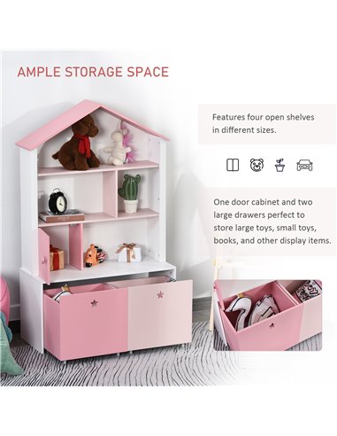HOMCOM Kids Bookshelf Chest w/ Drawer with Wheels Baby Toy Wood Organizer Display Stand Storage Cabinet 80x34x130cm Pink 311-012