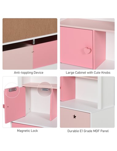 HOMCOM Kids Bookshelf Chest w/ Drawer with Wheels Baby Toy Wood Organizer Display Stand Storage Cabinet 80x34x130cm Pink 311-012