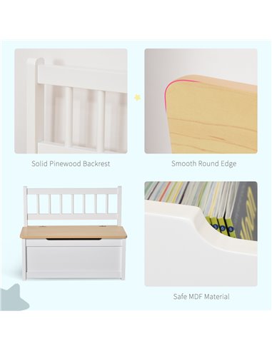 HOMCOM 2-IN-1 Wooden Toy Box Seat Bench Storage Chest Cabinet Organizer with Safety Pneumatic Rod 60 x 30 x 50cm White 311-034