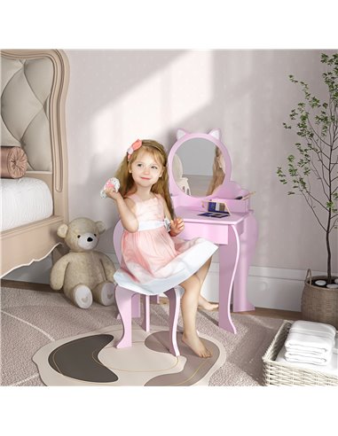 ZONEKIZ Kids Vanity Table with Mirror and Stool, Cat Design, Drawer, Storage Boxes, for 3-6 Years Old - Pink 316-013V80PK