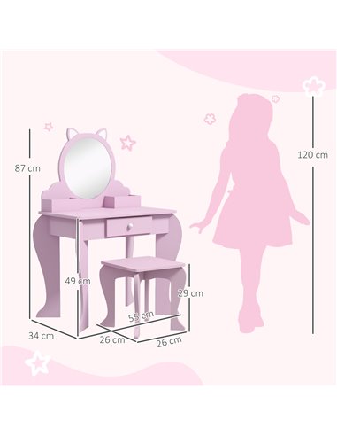 ZONEKIZ Kids Vanity Table with Mirror and Stool, Cat Design, Drawer, Storage Boxes, for 3-6 Years Old - Pink 316-013V80PK