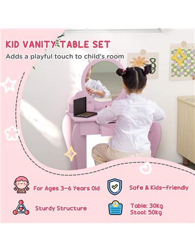 ZONEKIZ Kids Vanity Table with Mirror and Stool, Cat Design, Drawer, Storage Boxes, for 3-6 Years Old - Pink 316-013V80PK